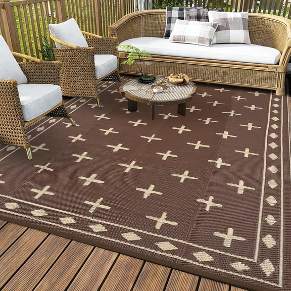 8x10 Brown Coffee Geometric Border Waterproof Outdoor Patio Rug