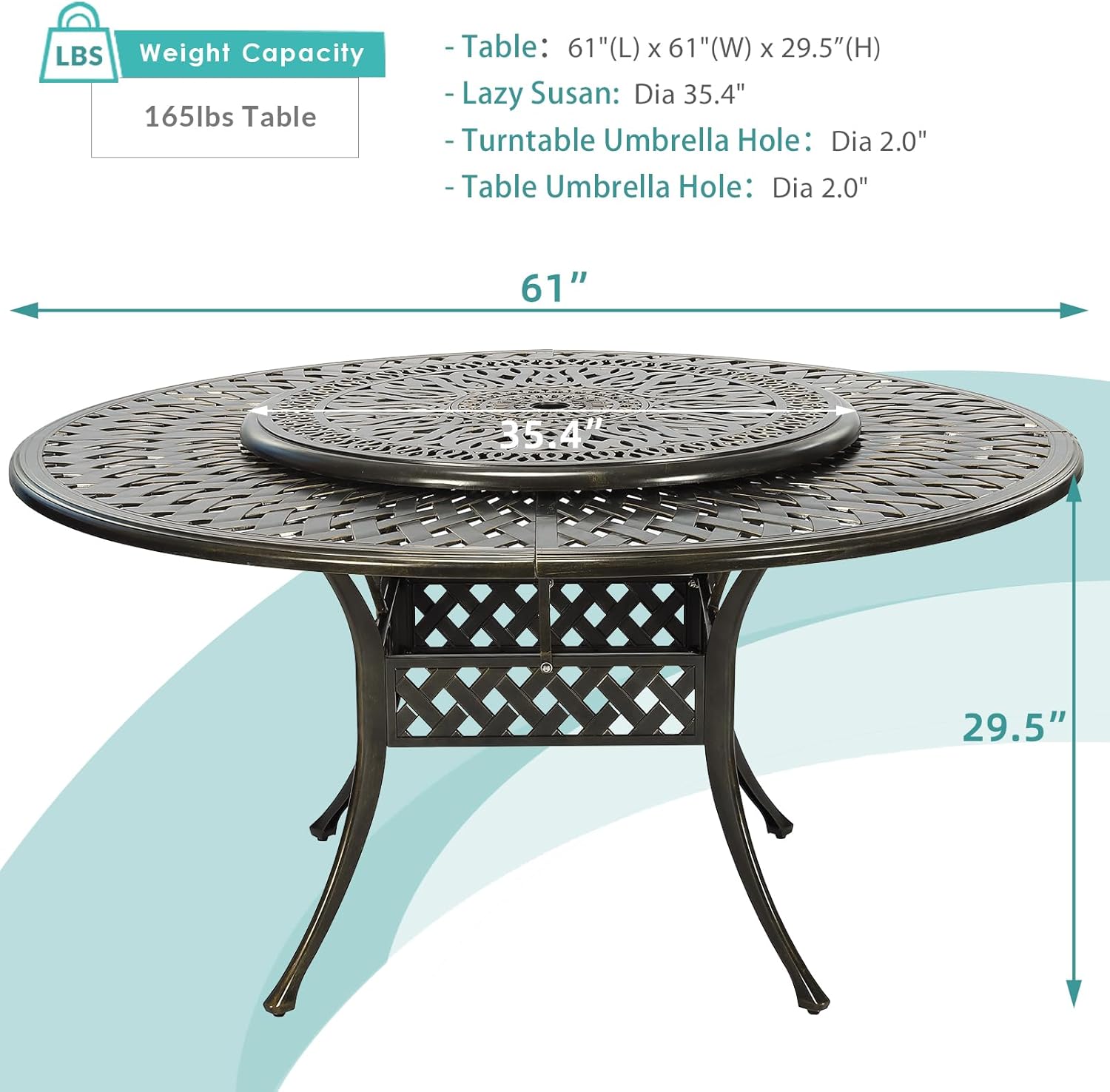 MEETWARM Outdoor 61" Round Patio Dining Table with Detachable Lazy Susan, All Weather Cast Aluminum Large Patio Furniture Table Set for 8 Seat with 35.4" Rotating Tray, Umbrella Hole, Dark Bronze