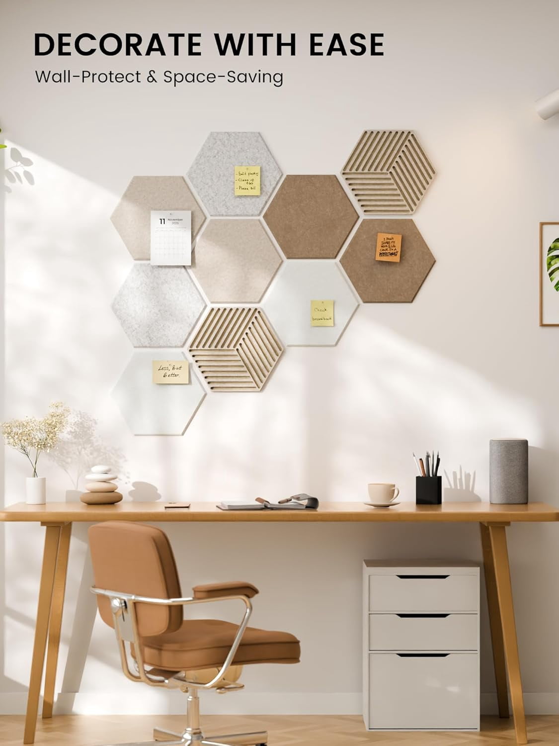 10 Pack Hexagon Cork Board, 12" x 10" Self-Adhesive Felt Bulletin Board Tiles with 40 Pushpins, Pin Boards for Wall Decor Home Office School DIY Display Boards for Photos
