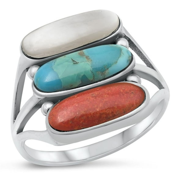 Simulated Coral White Buffalo Simulated Turquoise Moonstone Ring 925 Sterling Silver Band Red CZ Female Size 6