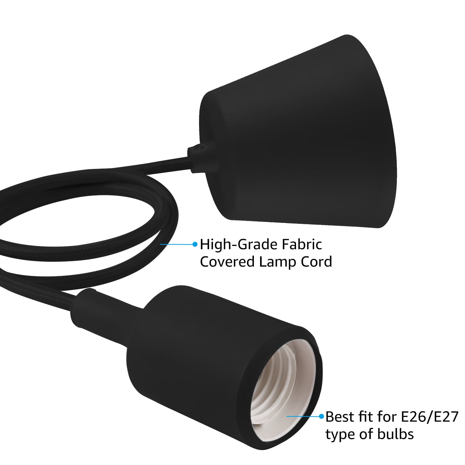 UL-listed Single Socket Pendant Light Fixture, Fabric Insulating Lamp Cord, Black