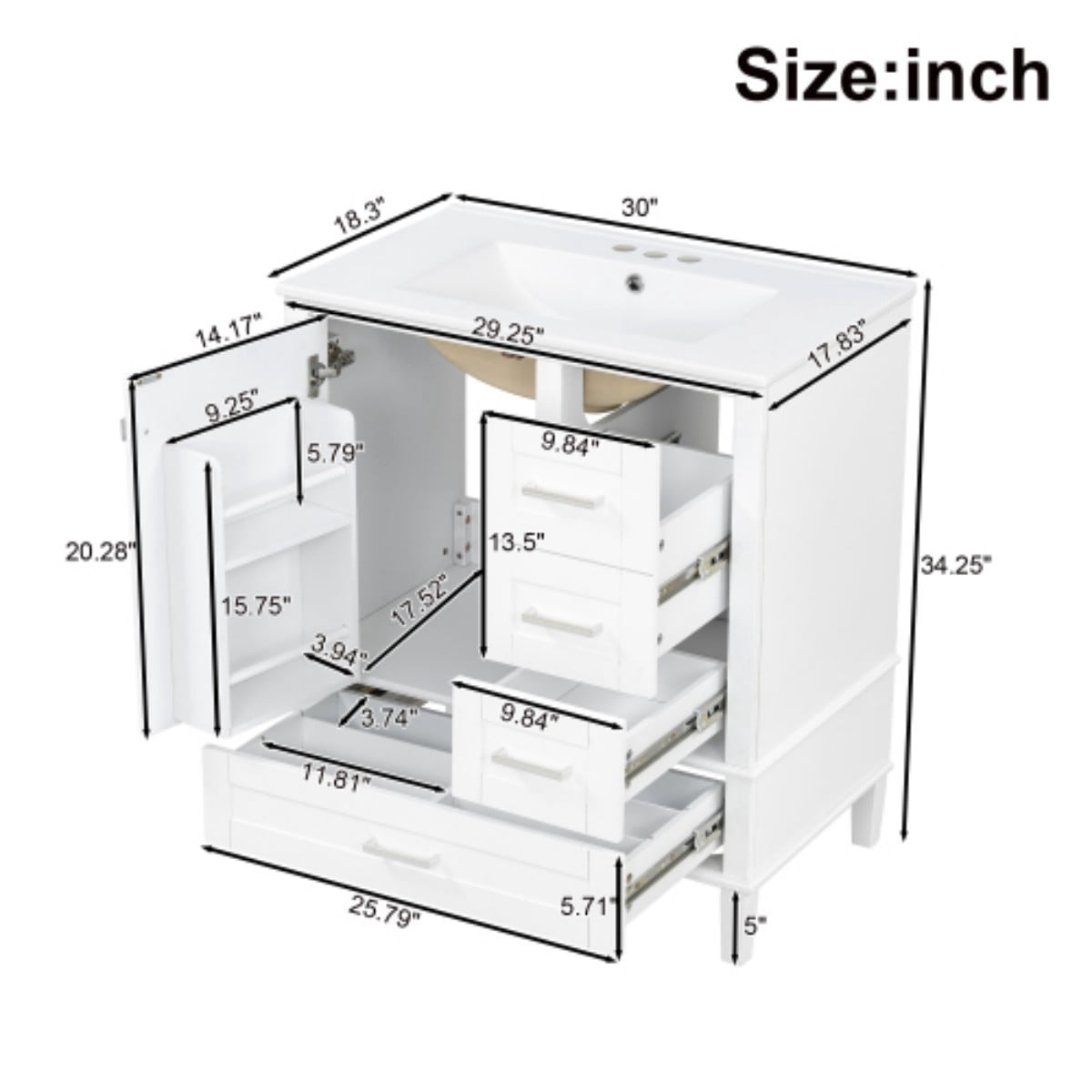 30" Bathroom Vanity with Ceramic Sink, Freestanding Bathroom Cabinet, Soft Close Door, 3 Drawers, Solid Wood Frame, White