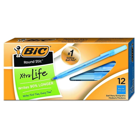 BIC Round Stic Xtra Life Ballpoint Pen, Stick, Medium 1 mm, Blue Ink, Translucent Blue Barrel, Dozen