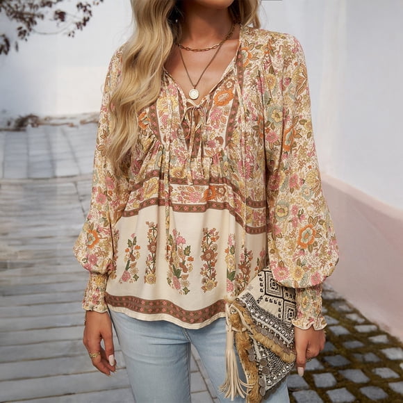Chemise à Manches Longues à Col en V Imprimée Style Bohème des Fêtes pour Femmes avec Lien Hauts à Demi-Manches pour Femmes Chemise d'Entraînement à Col en V pour Femmes Chemises et Blouses à Col pour Femmes Chemise Boutonnée pour Femmes Femmes
