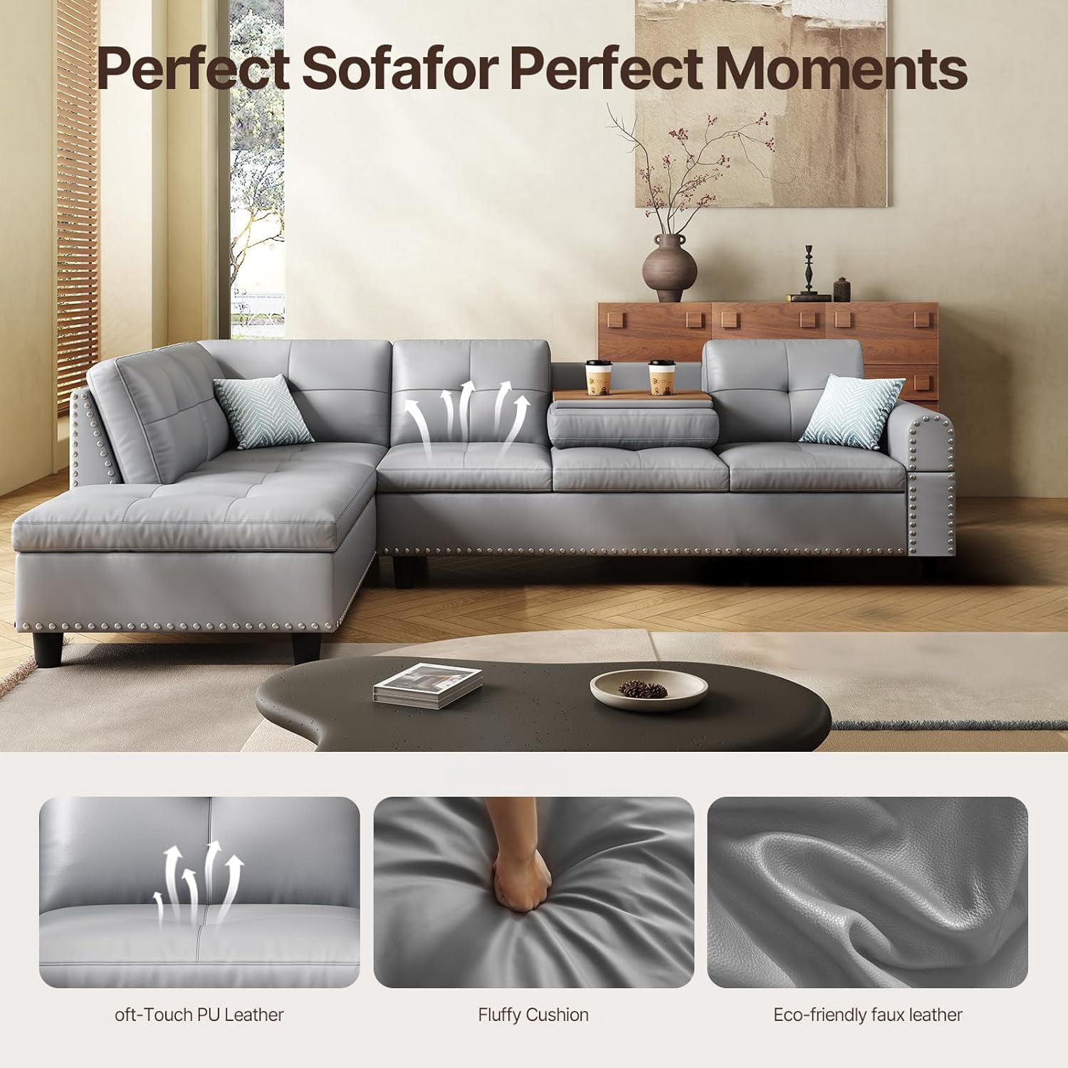 AENKYO 98" L-Shaped Upholstered Sectional Sofa Couch with Storage & Cup Holders, Faux Leather Living Room Sofa Set, Gray