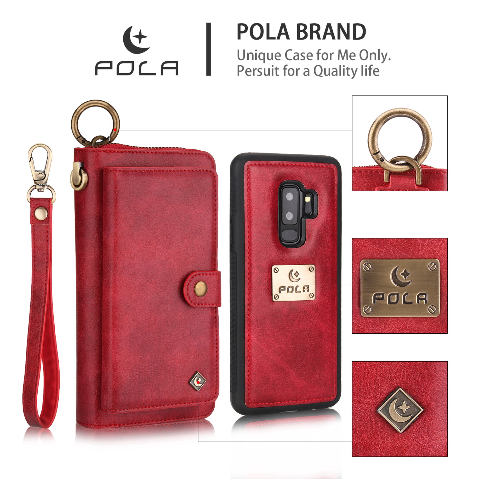 Galaxy S9 Plus Wallet Detachable Case, Dteck [wrist band][14 Card Slots] Zipper Purse Phone Case Multi-functional Folio Flip PU Leather Removable Magnetic Back Cover For Samsung Galaxy S9+,Red