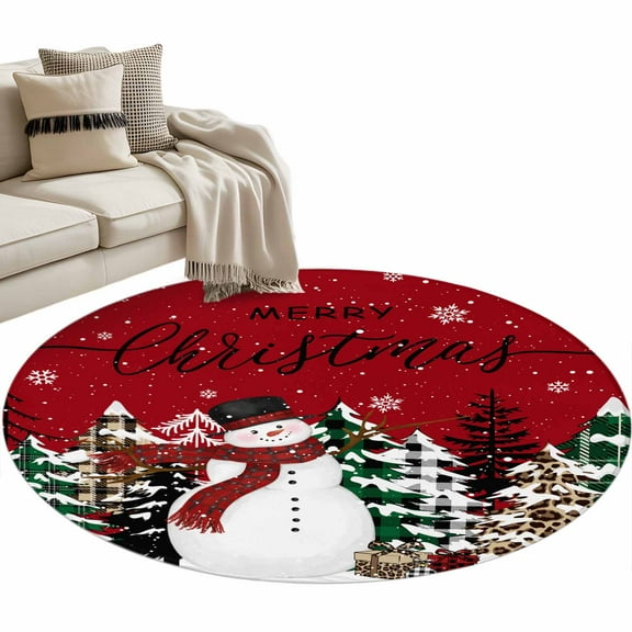 Red Christmas Round Area Rug 4 FT, Non Slip Indoor Outdoor Rug, Snowman Snowflake Xmas Tree Washable Soft Circular Carpet Non-Shedding Floor Mat for Coffee Table Nursery Foyer Balcony
