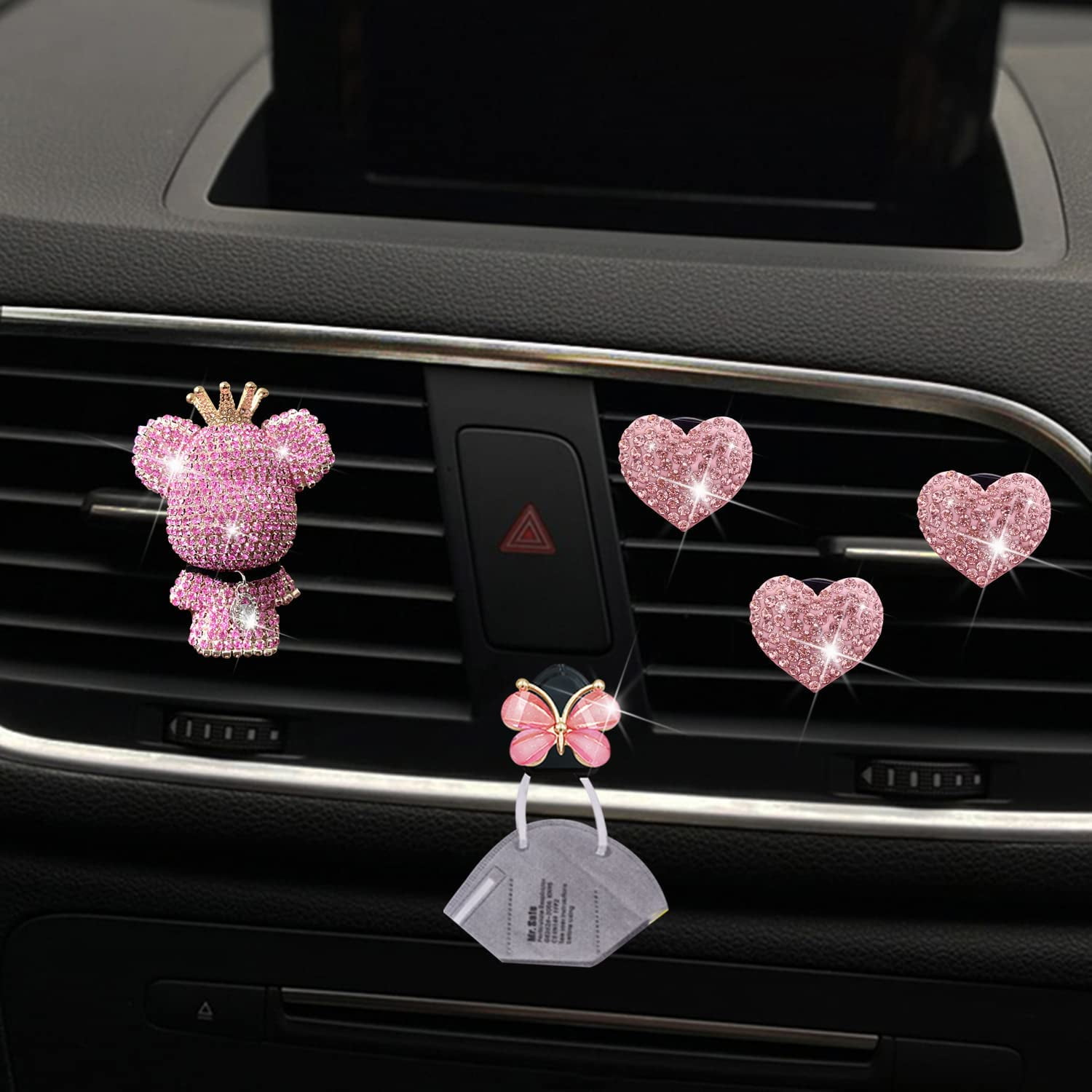 Pink Heart & Bear Air Vent Clips, 4 Pcs Bling Heart Car Air