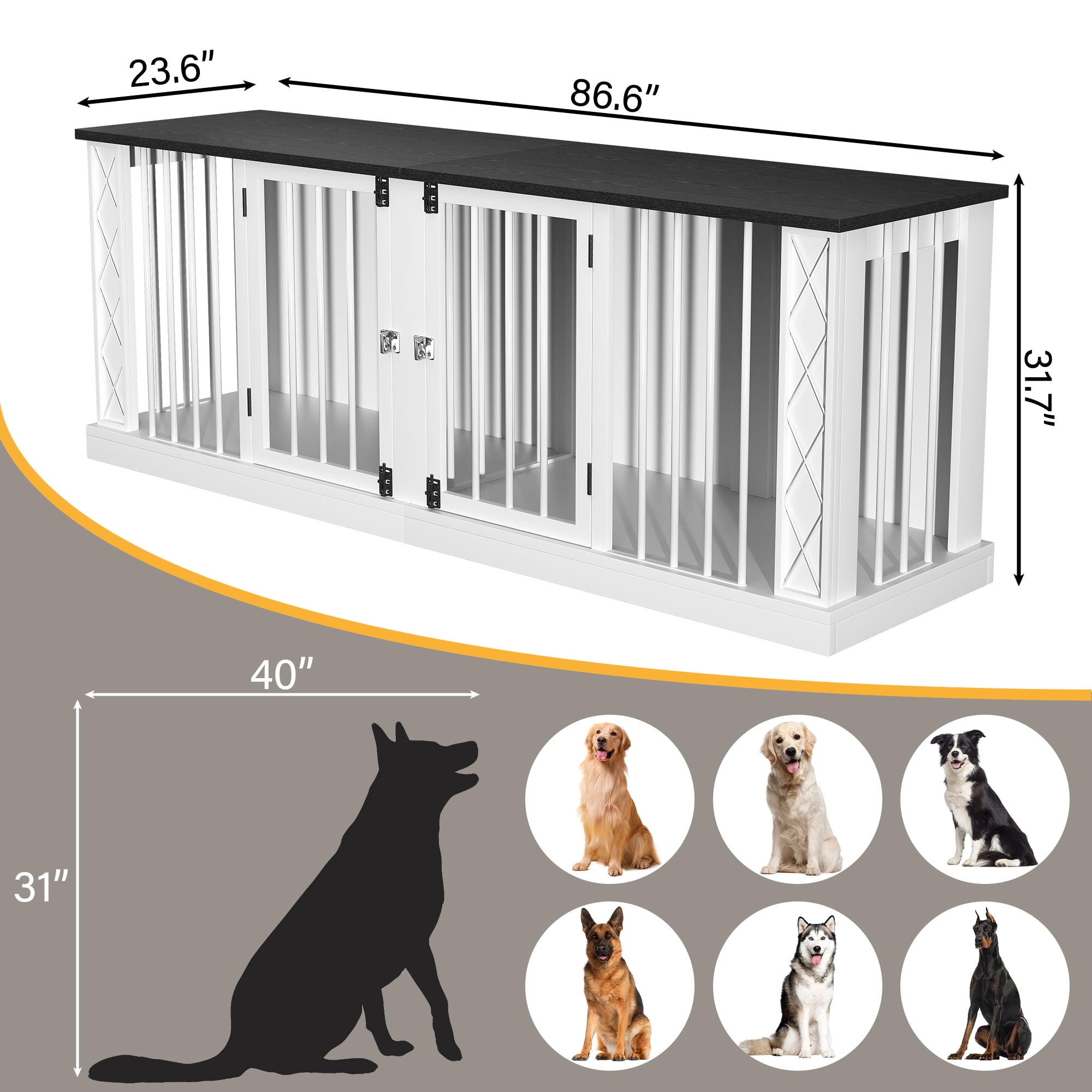 ModFurne 86.6" Dog Crate Furniture for Double Dogs, Heavy Duty Dog Cage Indoor for Small/Medium/Large Dogs, Dog Kennel Furniture White