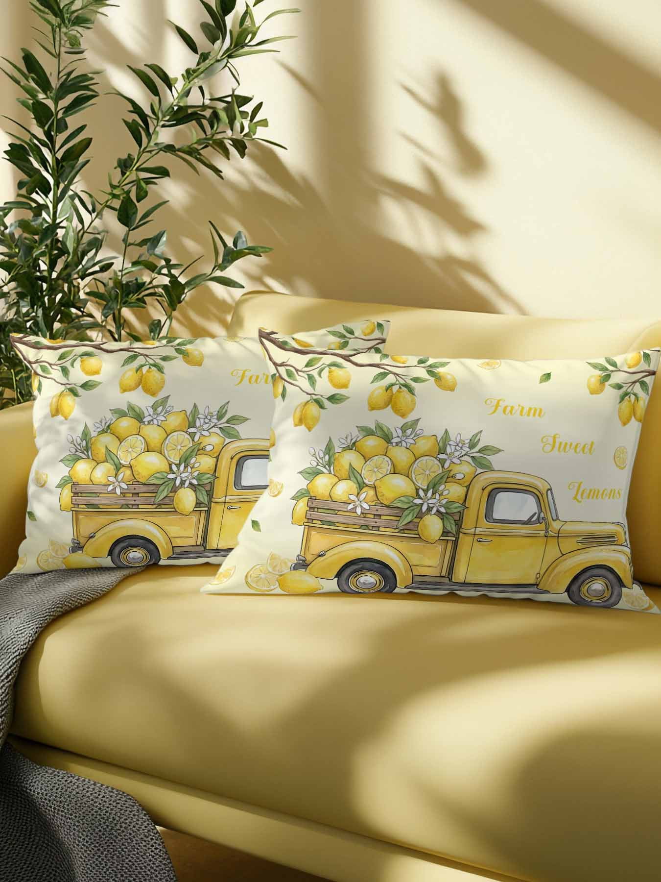 1 Pack Outdoor Pillows Waterproof, Lemon Truck Indoor/Outdoor Throw Pillows with Inserts, Summer Tropical Lemon Fruits Yellow Decorative Pillow for Patio Furniture Chairs Couch