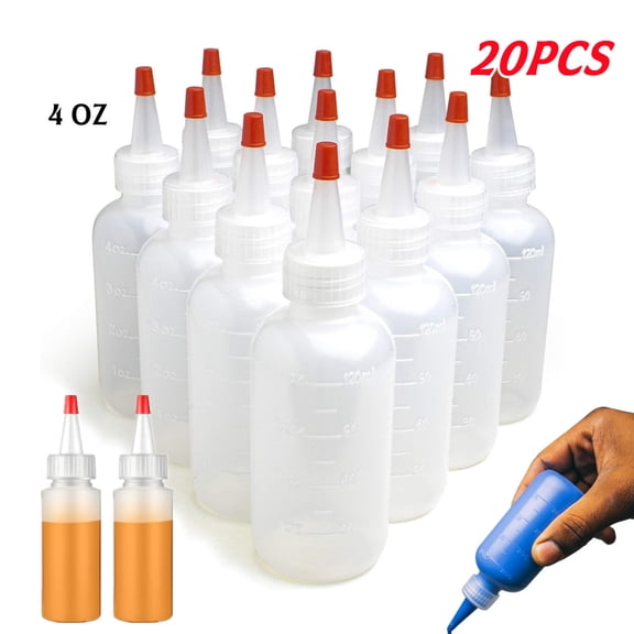 20 Pack Pack 4 Ounce Plastic Squeeze Bottles With Caps and Measurements. Small Mini Squeeze Bottle for Arts and Crafts, Paint, Glue, Icing, Liquids, Condiment, Sauces