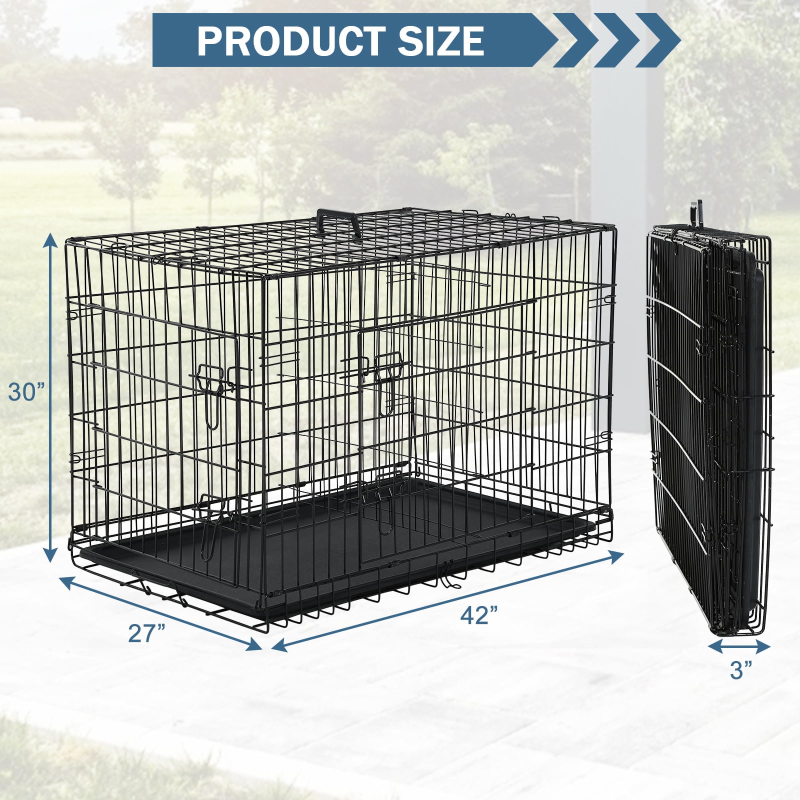 YRLLENSDAN 42 inch Foldable Large Dog Crate for Large Dogs, Metal Wire Dog Cage with Plastic Tray and Handle Double-Door Outdoor Dog Crates and Kennels for Medium dogs, Black