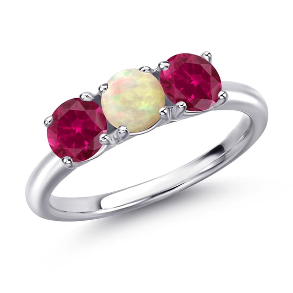 Gem Stone King 925 Sterling Silver White Ethiopian Opal and Red Created Ruby Engagement Ring for Women | 1.50 Cttw | Round Cabochon 5MM | Gemstone October Birthstone | Size 5