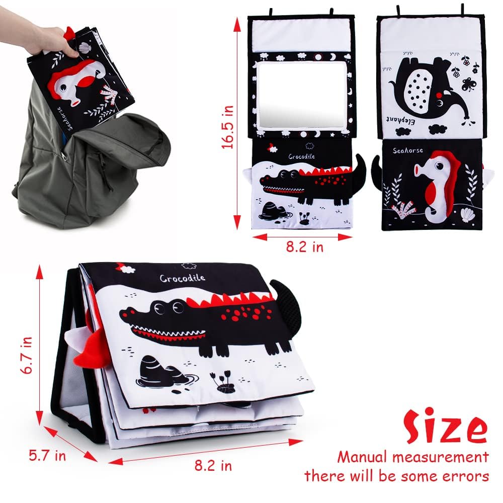 Tummy Time Mirror, Baby Tummy Time Toys with Soft Book, Black and White High Contrast Baby Toys, 3D Activity Sensory Montessori Toys Crawling Mat