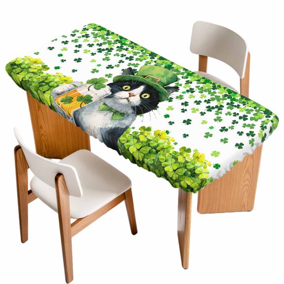 St. Patrick's Day Table Cloths for 4 Foot Rectangle Tables, Spring Cute Cat Beer Green Clovers Patio Waterproof Elastic Fitted Tablecloths, Washable Rectangular Table Cover for Camping