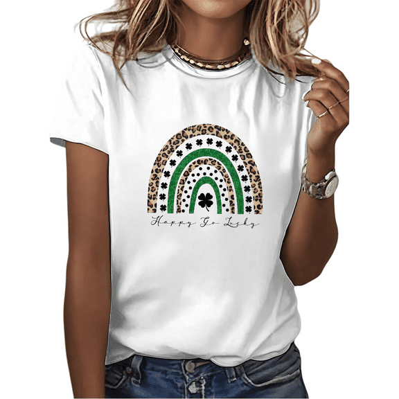 St Patricks Day Happy Go Lucky Shamrock Rainbow Graphic Tees Print Tshirt White Shirts S-5XL Casual Womens Tops