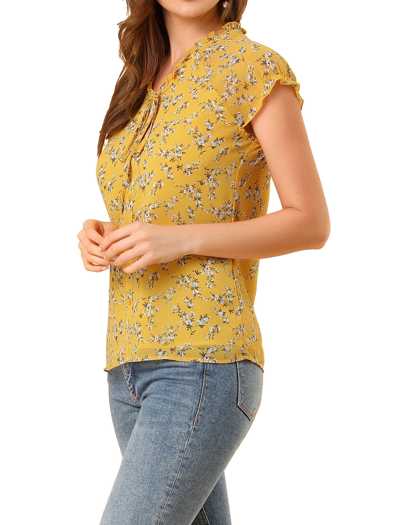 DARING DIVA Women's Ruffle V Neck Cap Sleeve Chiffon Floral Blouse Top XS Yellow