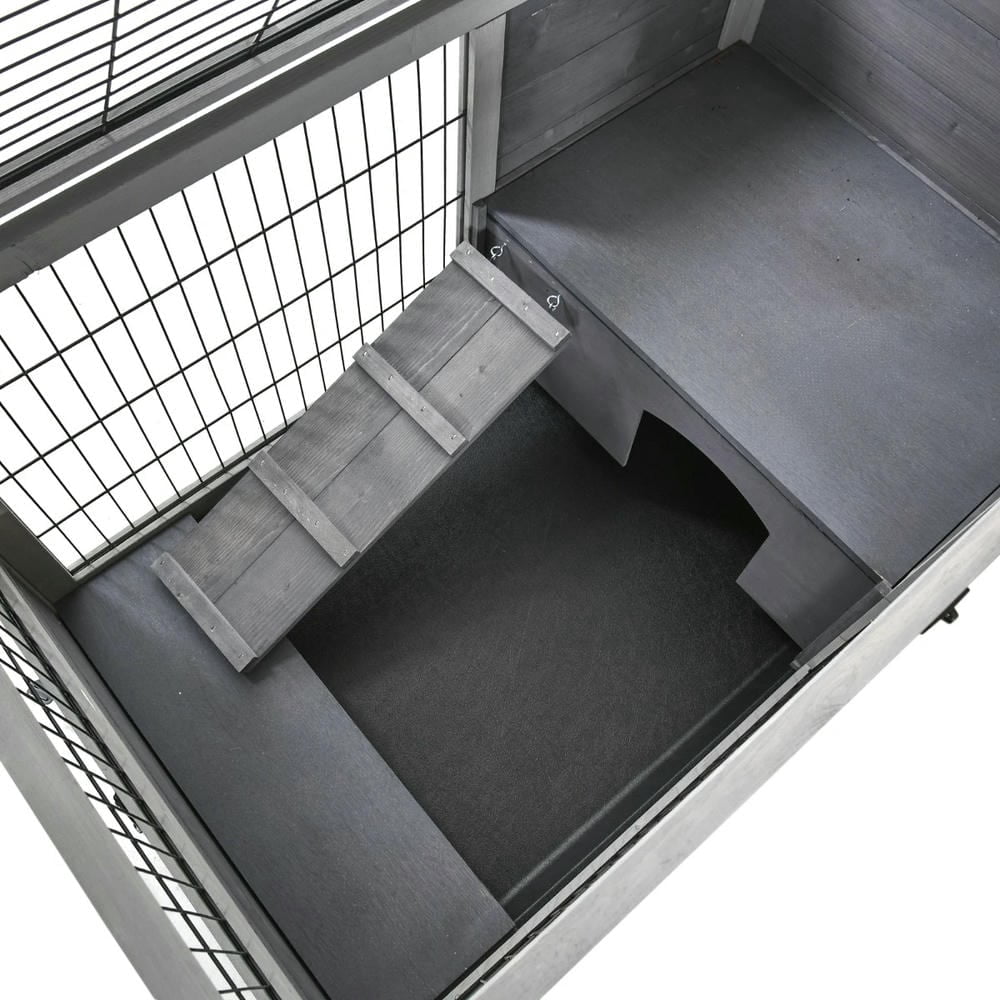 Spaco Indoor Rabbit Enclosure, Wooden Elevated Cage Habitat with Enclosed Run with Wheels for Rabbits and Guinea Pigs, Gray