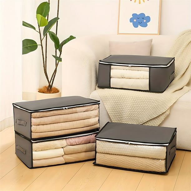 Bolsas plegables para guardar ropa | Grandes juegos organizadores de armarios | Almacenamiento bajo la cama | Asas reforzadas | Ventana transparente | Tapa de cremallera | 4 Pack | 19,6x15,7x8,3 in