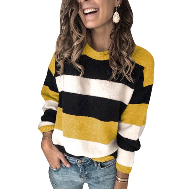 MAWCLOS Chandail à Blocs de Couleur pour Femmes, Chaud pour l'Hiver, Rayé, Jaune P