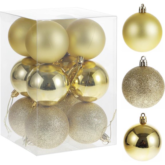 Christmas Ball Ornaments, 12pcs Pre-Strung Xmas Tree Decorations,Holiday Hanging Balls-3 Style Shatterproof Plastic Ball Ornaments