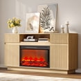 thumbnail image 3 of SESSLIFE Fireplace TV Stand for 70 Inch TV, 31'' Tall Mid Century Modern Fluted TV Stand with 2 Cabinets & Drawers, Entertainment Center with 3D Flame Electric Fireplace Heater, Natural Oak, 3 of 9