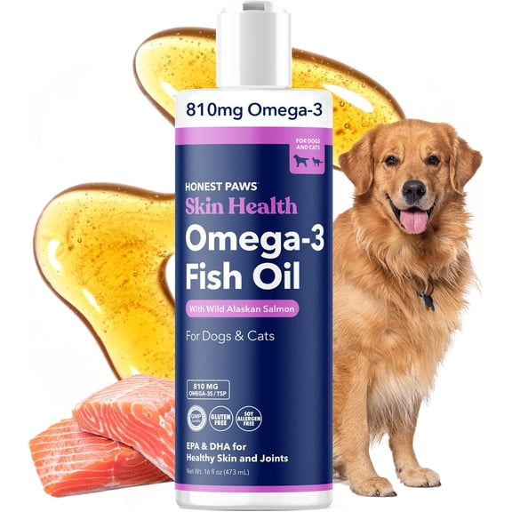 Honest Paws Omega-3 Fish Oil for Dogs with Wild Alaskan Salmon, Skin & Coat and Joint Health Support, 16 oz