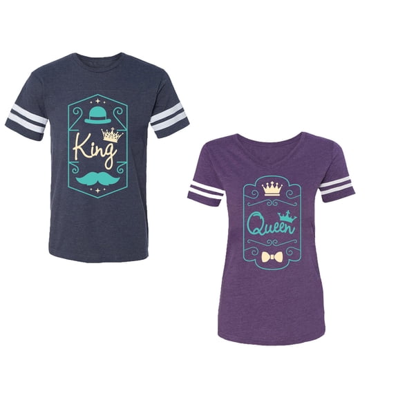 King Queen Pentagon Emerald Gold Unisex Couple Matching Cotton Jersey style T-Shirt Contrasting stripes on sleeves (Men Navy / Women Purple) (Men M / Women L)