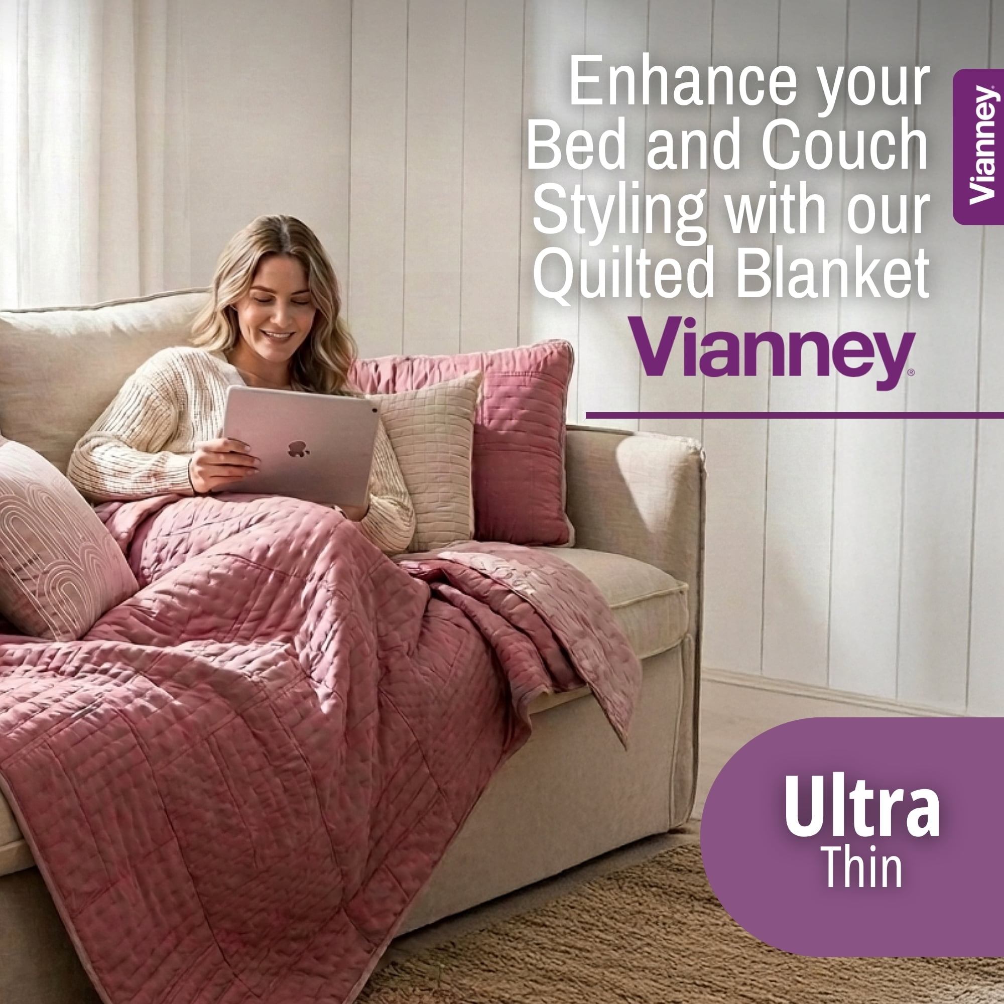 Vianney King Size Comforter - Novo Blush Reversible Lightweight Quilt Blanket - Soft and Breathable 110x93 Inches - Ideal All Season Bedding for King Beds