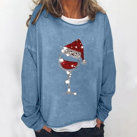 

jsaierl Christmas Sweatshirts for Women Crew Neck Long Sleeve Shirts Christmas Glass Print Tops Plus Size Casual Blouse Tee Pullover Christmas Gifts for Women