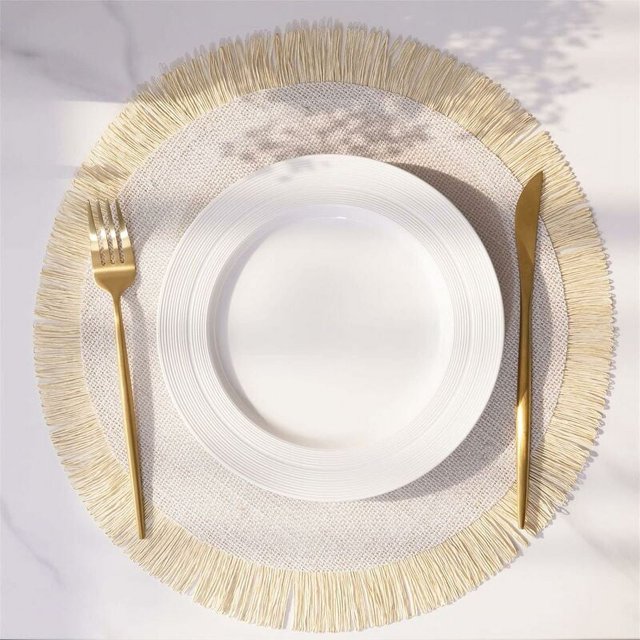 Manteles individuales tejidos redondos de 38 cm, manteles individuales bohemios con borla, manteles individuales de lino lavables resistentes al calor y antideslizantes para mesa de comedor de restau