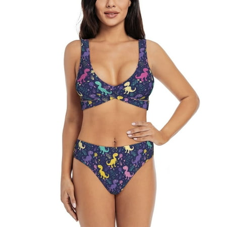 Zeuib Colorful Dinosaur High Waisted Tummy Control Bikini Set - Knot Front Push Up Top & Cheeky Thong Bottom  Two-Piece Swimsuit for Women-Small
