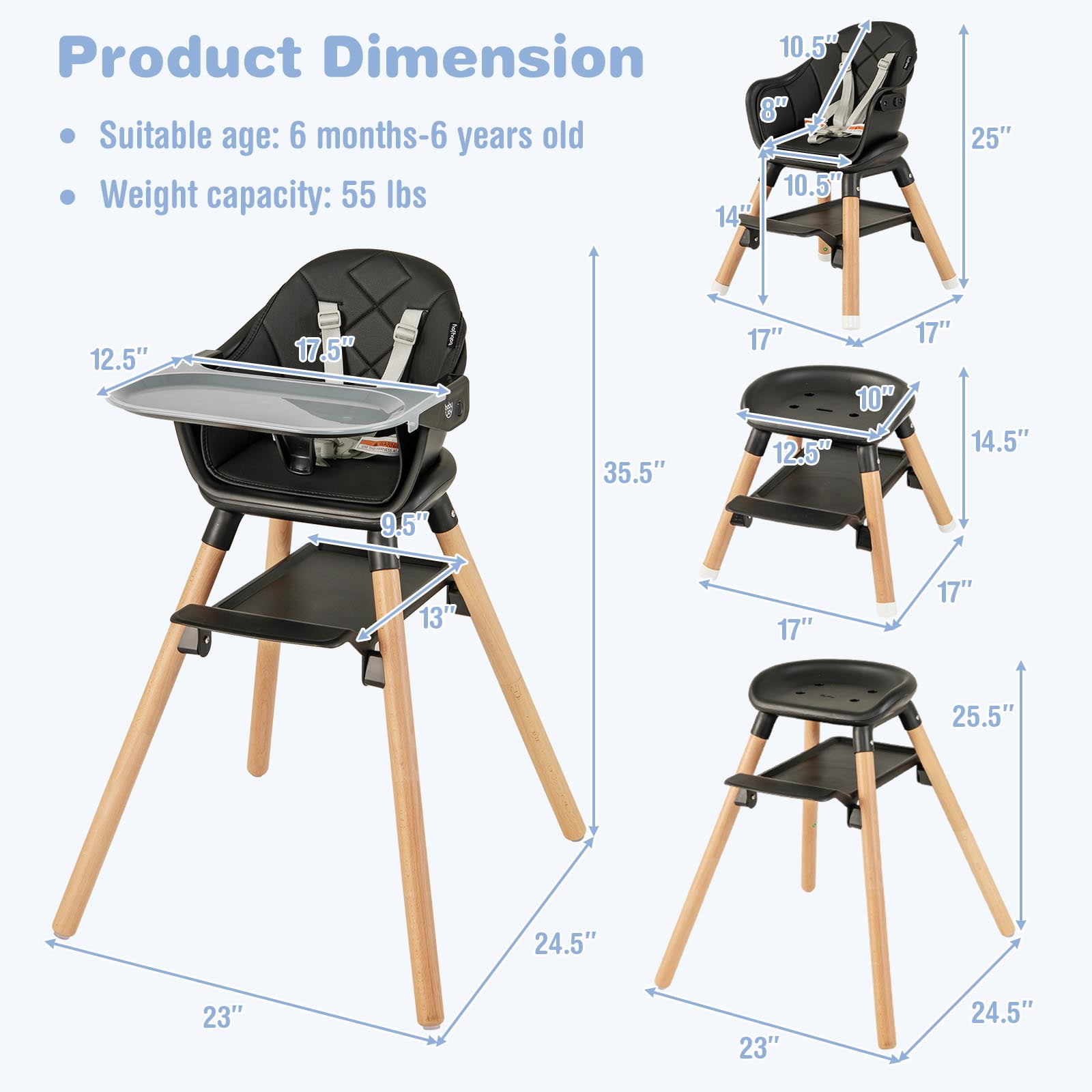 Costway 6-in-1 Convertible Wooden Baby Highchair Infant Feeding Chair with Removable Tray Black