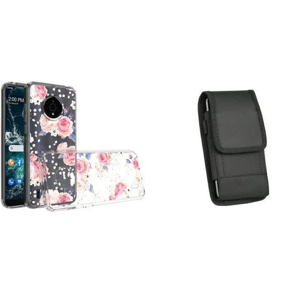 Case and Pouch Bundle for Nokia C200: Slim Series TPU Protector Case (Vintage Pink Floral) and Vertical Nylon Belt Holster