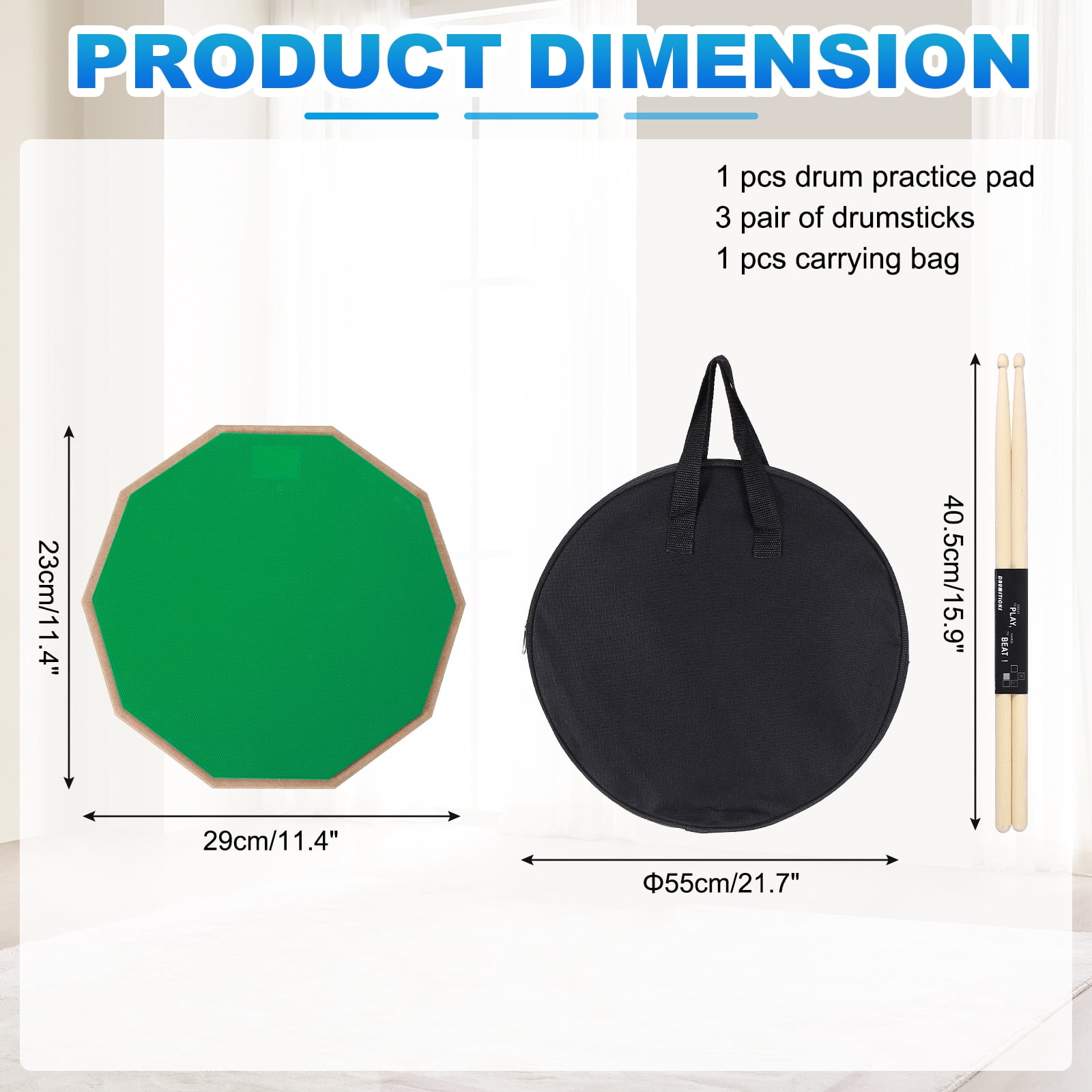 Uxcell Practice Drum Pad Set, 12 Inch Double Sided Silent Snare Drum Pad Kit Include 5A Drumsticks Carrying Bag for Drummers, Beginners Quiet Training (Green)