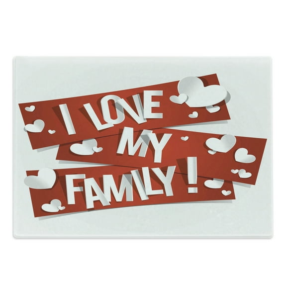Family Cutting Board, Red Banners with Family Love Message and White Hearts Passionate Illustration, Decorative Tempered Glass Cutting and Serving Board, Large Size, Orange White, by Ambesonne
