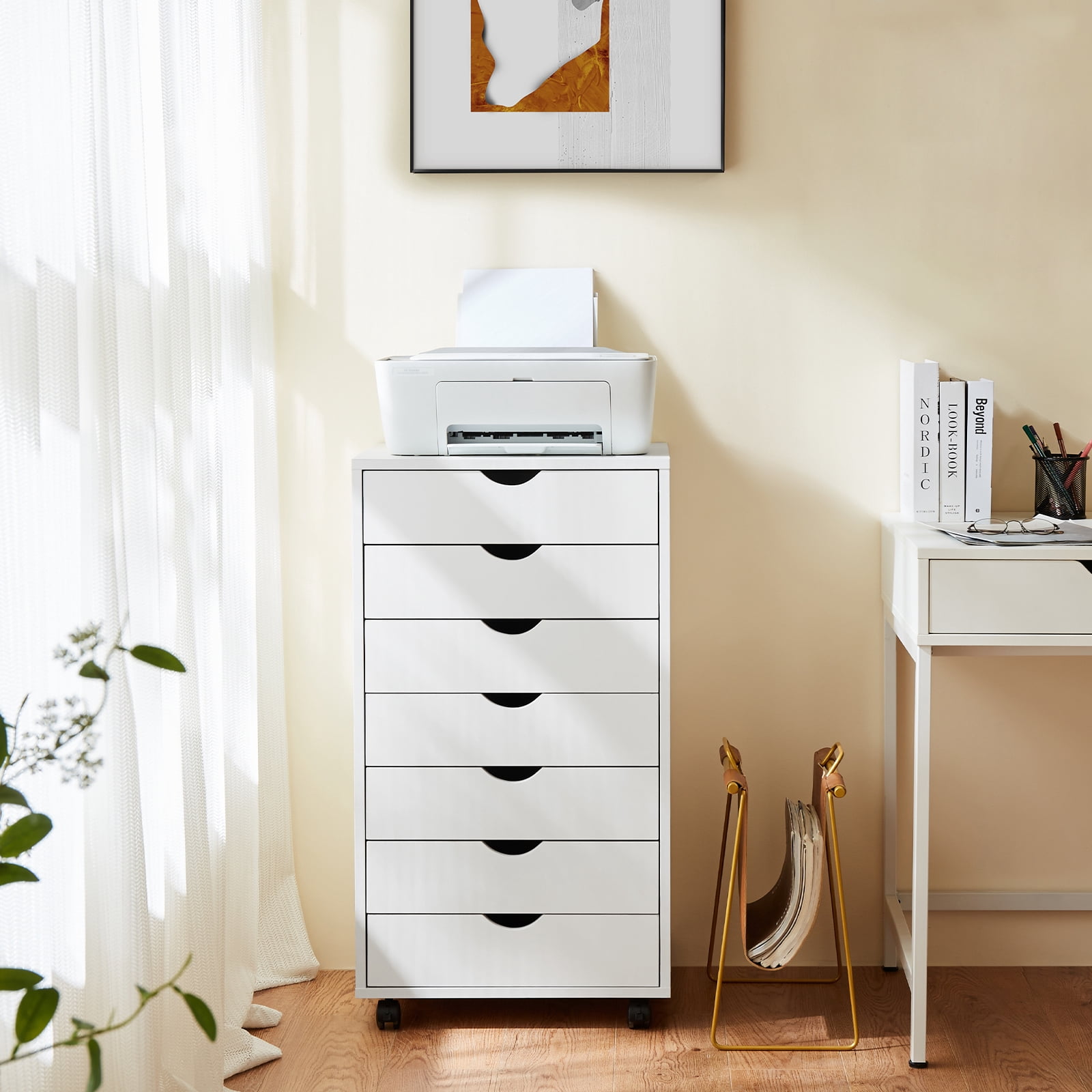 JOINSUN 7-Drawer Dresser, Wood Storage File Cabinet with Wheels and Drawer Organizer for Bedroom Closet, White