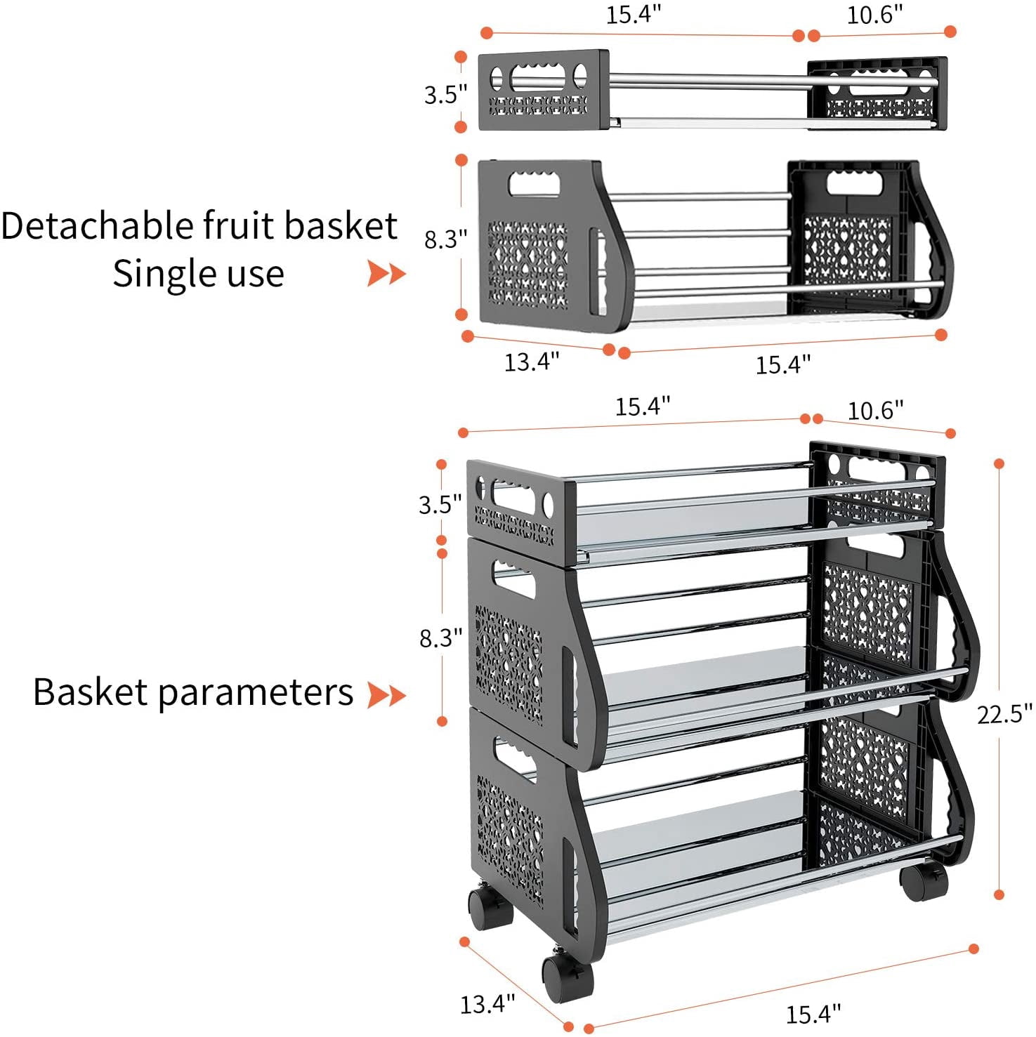 3-Tier Rolling Stackable Vegetable Fruit Basket Utility Cart Rack