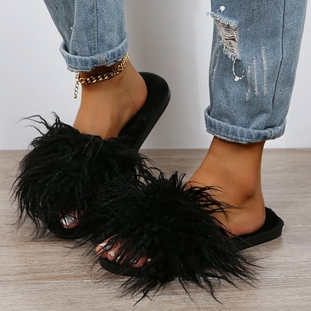 

ãyilirongyummã black 38-39 slippers for women plush warm solid cotton open-toe color fashion flat slippers women s slipper
