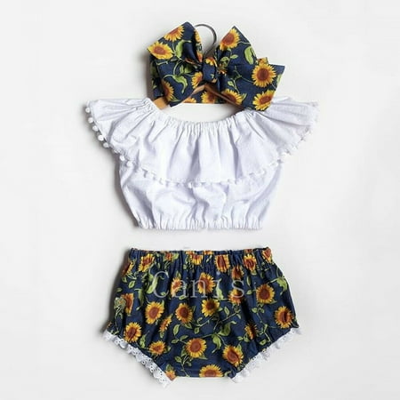 3PCS Newborn Toddler Baby Girls Sunflower Tops Crop+Shorts Outfits Summer Clothes