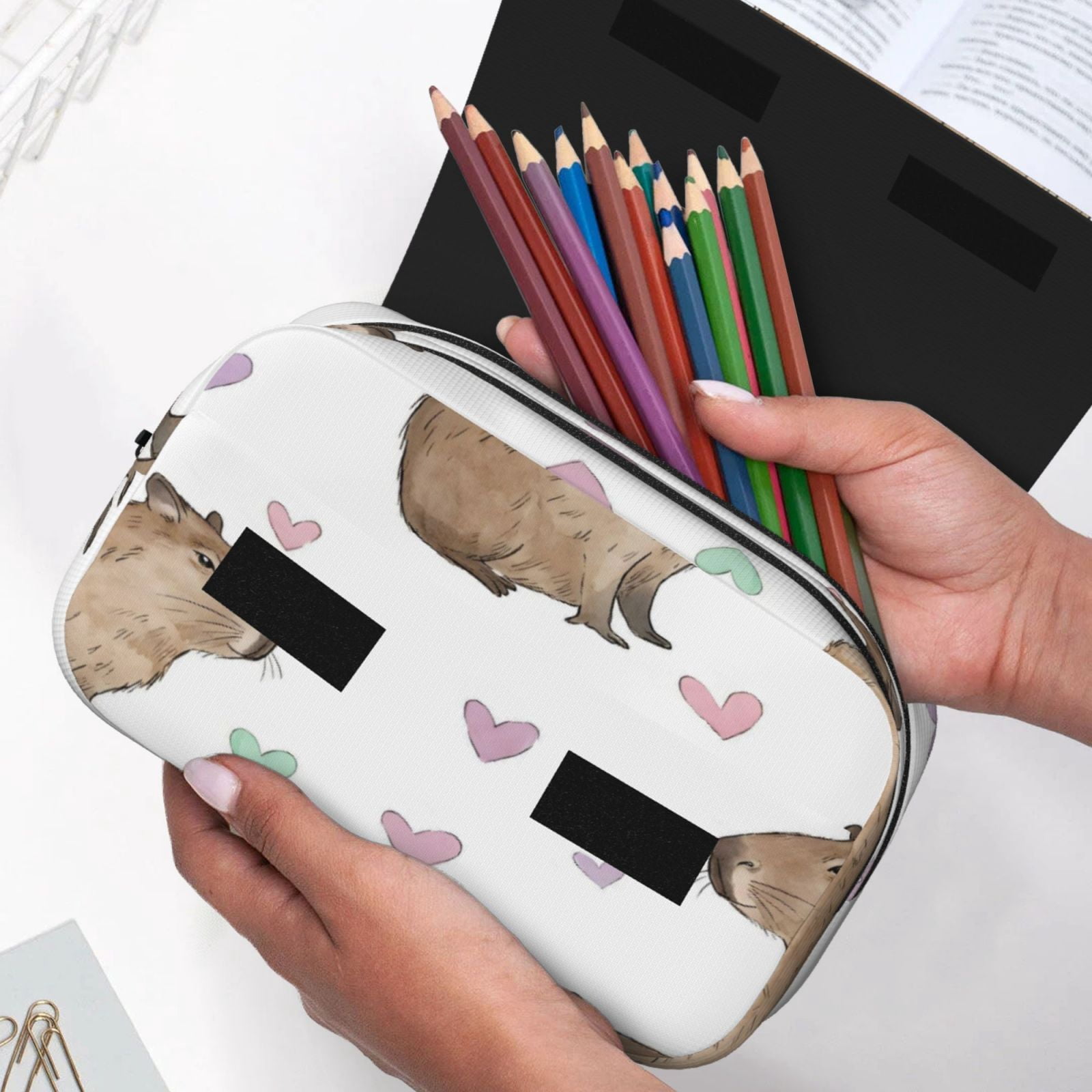 Large-Capacity Flip-Top Double-Layer Pencil Case, Multi-Functional Pocket Pen Case, Durable Stationery Organizer Capybara Heart Pattern (3)