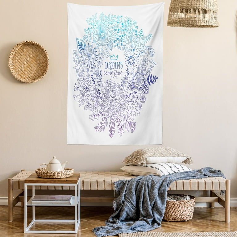 Boho Tapestry, Dreams Come True Message with Botanical Blossoms