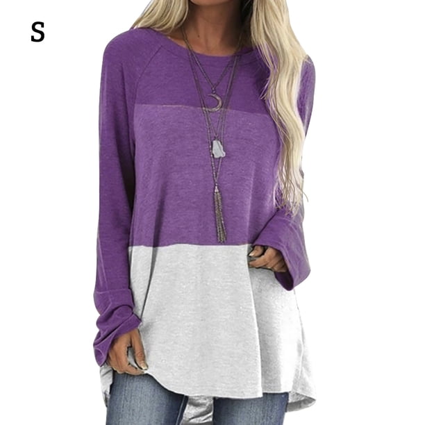 Camiseta Mujer Manga Larga Cuello Redondo Contraste De Algodón De Color Top, Morado, S Monstrate AP000711-04