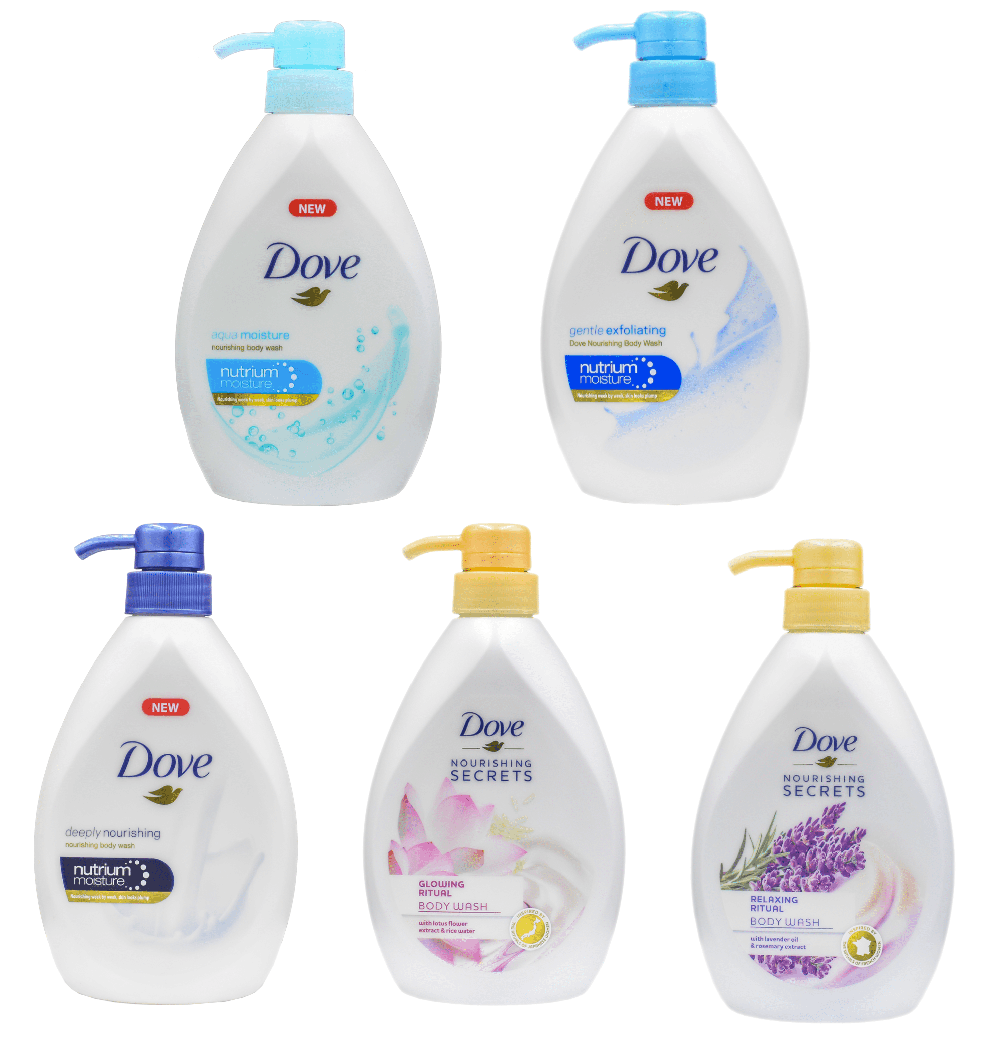 Dove Body Wash, Variety of 5 Scents with Pump, Plant Based, Nourishing