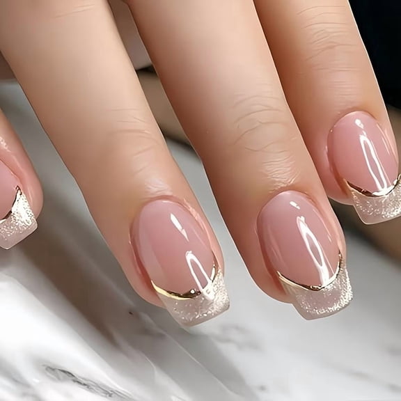 Pink Starry Sky Gold Glitter Striped Press On Nails - 24 Reusable Nail Art Stickers for Glamorous Designs