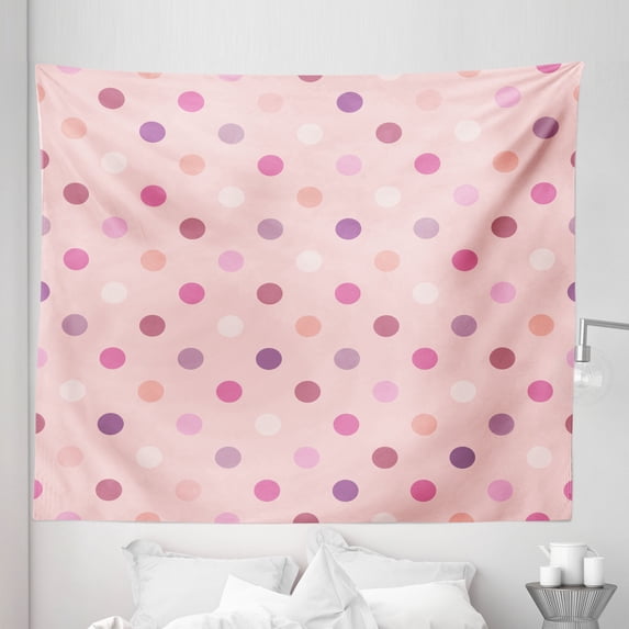 Pink and White Tapestry, Retro Pattern with Different Colored Polka Dots Country Style for Girls, Fabric Wall Hanging Decor for Bedroom Living Room Dorm, 5 Sizes, Multicolor, by Ambesonne