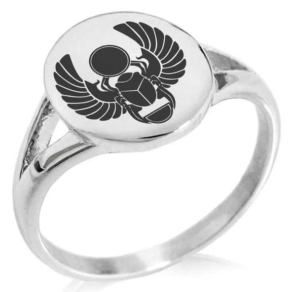 Stainless Steel Scarab Beetle Sacred Sun Minimalist Oval Top Polished Statement Signet Ring
