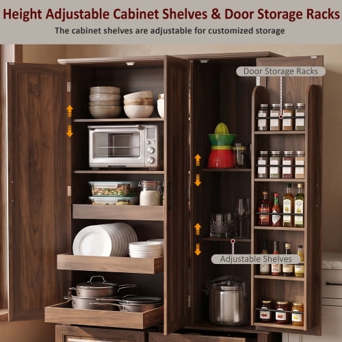 72-Inch Kitchen Pantry Cabinet with 3 Pull-Out Trays, Farmhouse Embossed Wood Grain Storage Cabinet with 5 Door Racks, Rustic Freestanding Cupboard for Home Kitchen and Dining Room, Walnut Brown