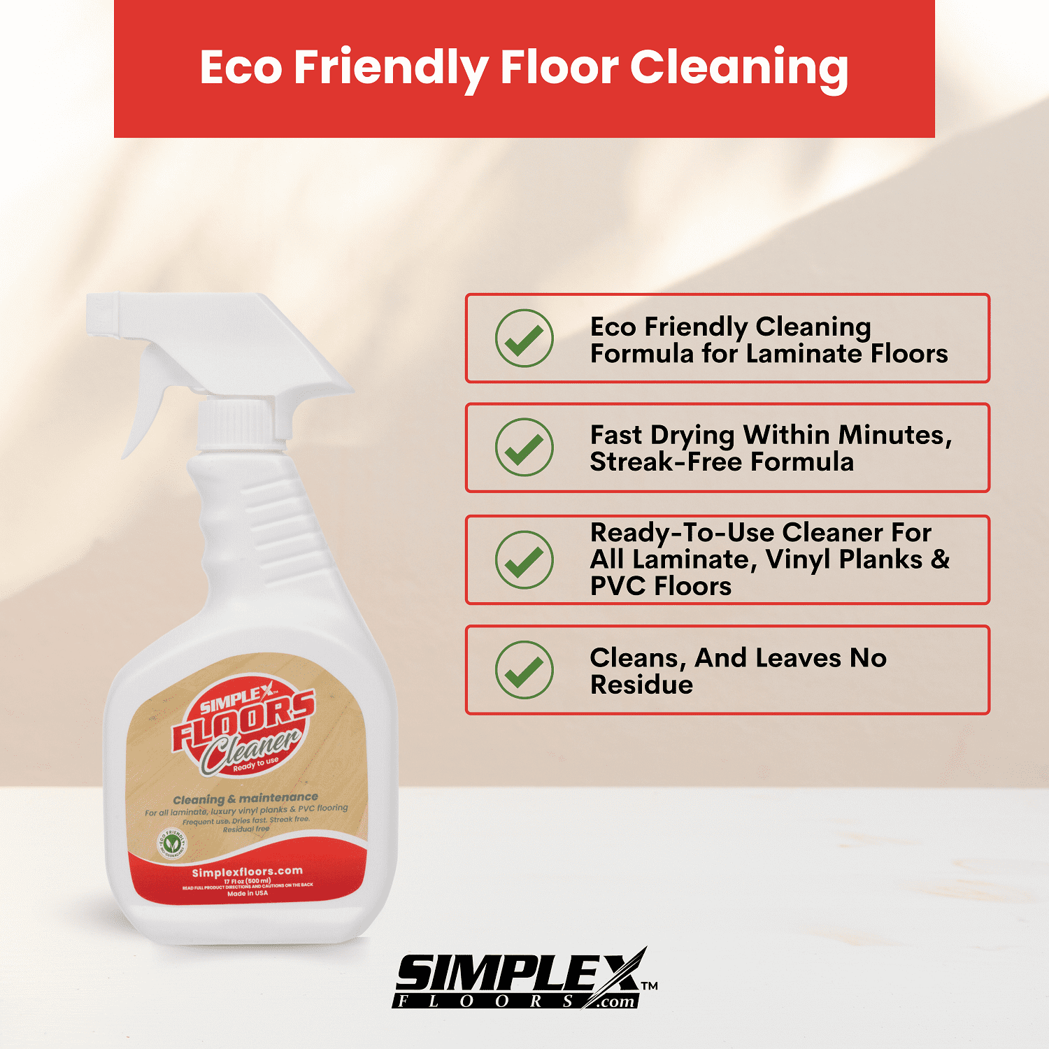 Simplex Floors Floor Cleaner | Laminate, Luxury Vinyl Planks & PVC Flooring | Made in the USA | 17 fl.oz