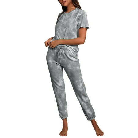 

Saodimallsu Tie Dye Pajamas Set Women Lounge Sets 2 Piece Long Pants Short Sleeves Tee Sleepwear